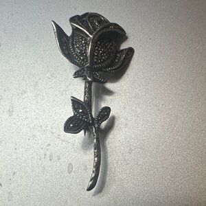 Marcasite Vintage Black Metal Rose Brooch